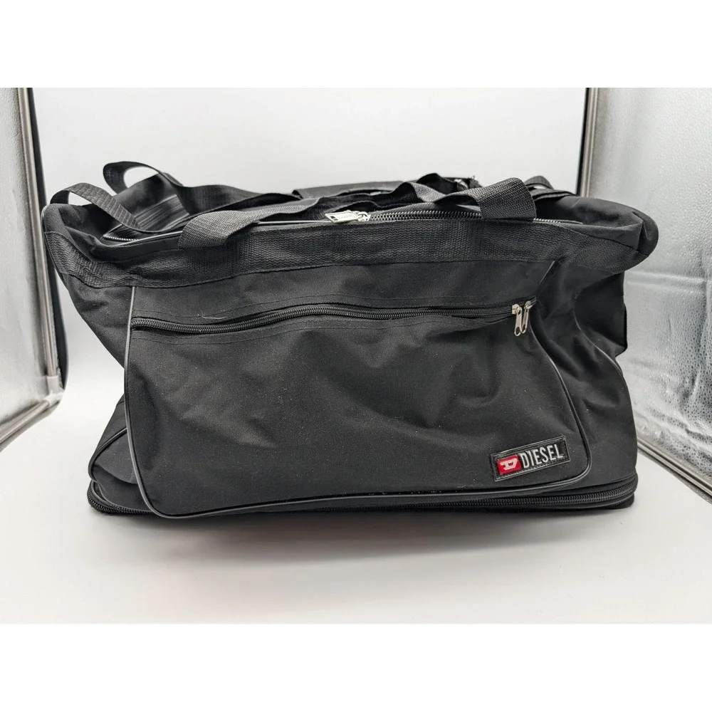 Diesel Black Canvas Duffel Bag Travel Gym Weekend Bag Zippered Base Pocket